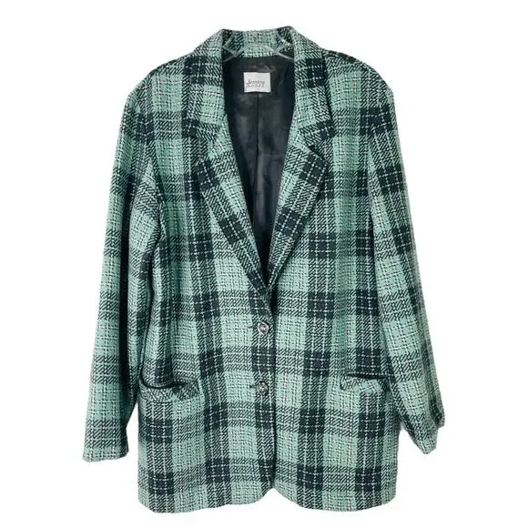 Vintage mint green grey plaid wool preppy button boyfriend blazer medium - Picture 1 of 6